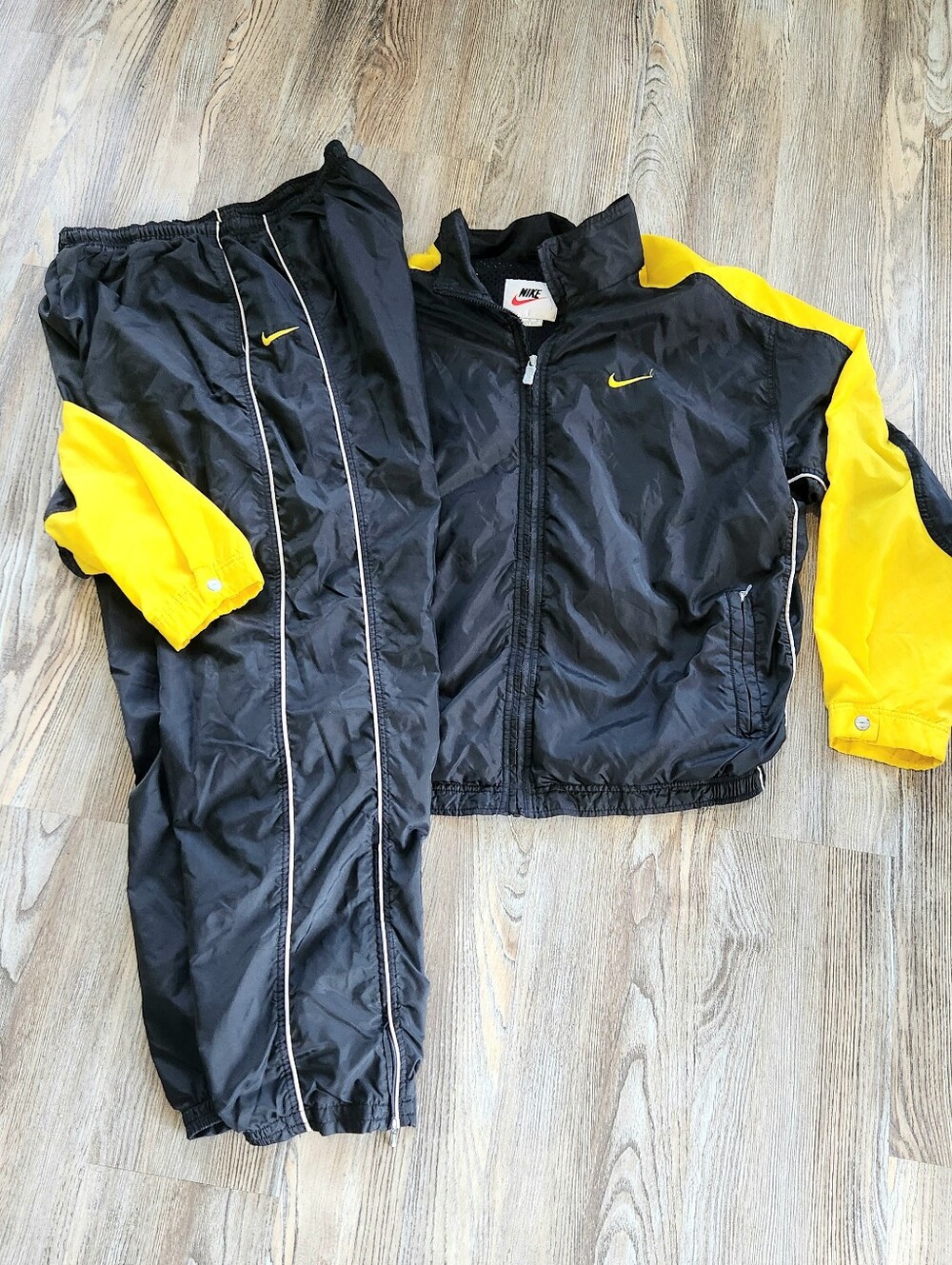 Vintage 90s Nike Windbreaker Tracksuit Black Yellow Nylon Men XL Jacket Pant Set